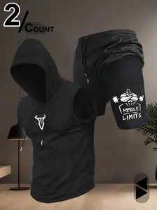 Men's 2-Piece Black Fitness Outfit, Training Clothes, Athletic Fashion Activewear, Sleeveless Hooded Tank Top with Bull Head Graphic & 'MUSCLE LIMITS' Workout Shorts Set, Soft Breathable Fabric Tracksuit for Gym, Training & Casual Wear