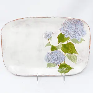 Ceramic Blue Hydrangea Serving Board w/Red Clay