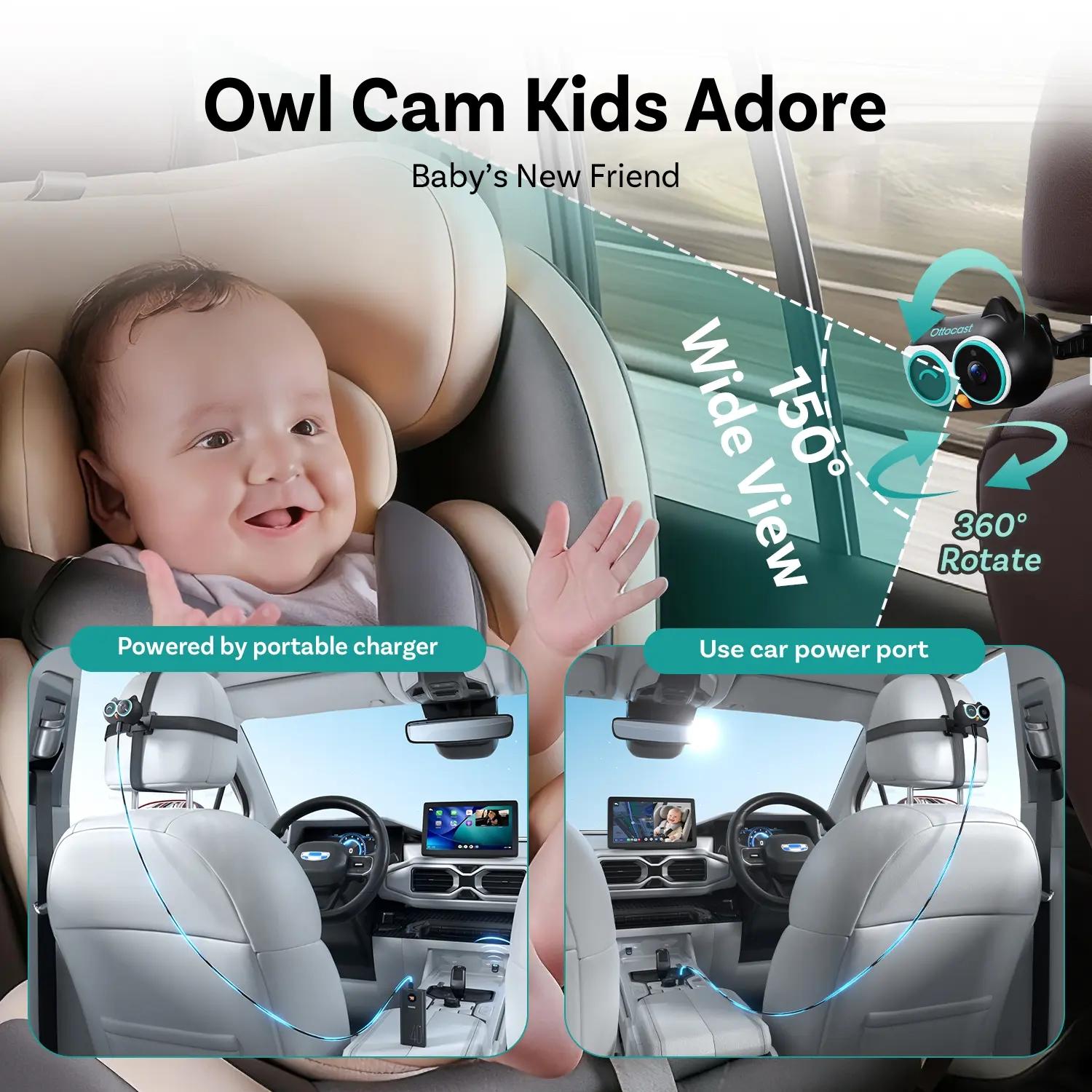 OTTOCAST Wireless CarPlay Adapter & Baby Camera for Car 1080P HD Rear Seat Monitor Display on Car Screen,150°Wide Angle No-Glow Night View, Safety for Kids & Infants