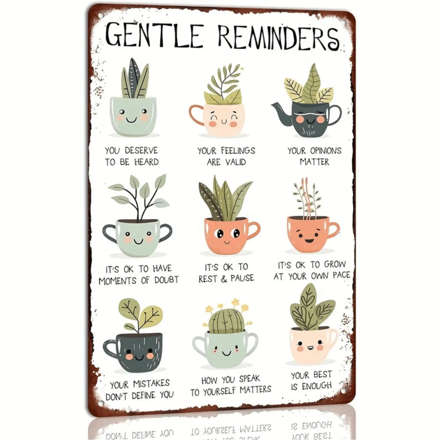 Motivational Metal Tin Sign Featuring Cute Potted Plants And Gentle Reminders For Home Office Or Therapy Room Decor 8x12 Inch
