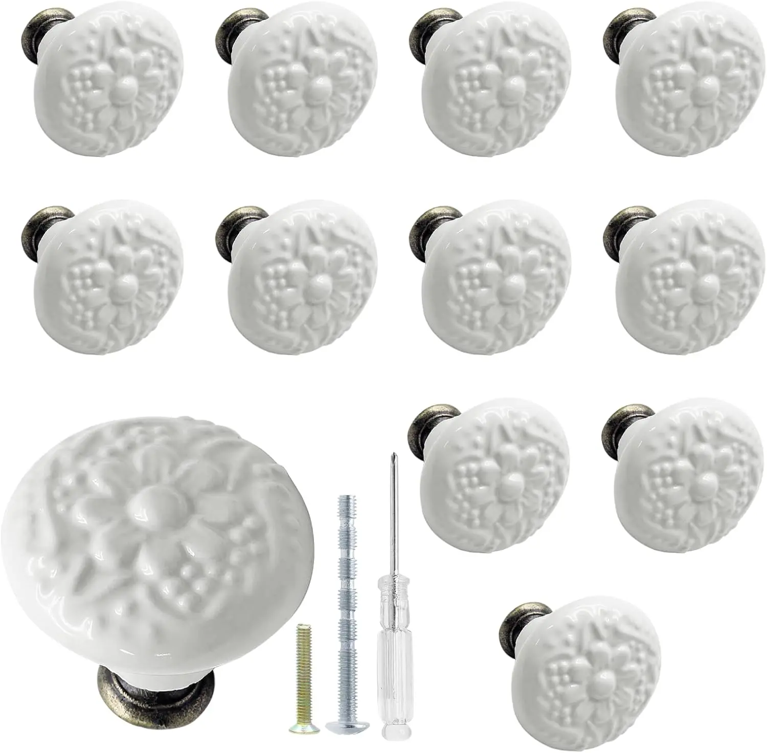 Biaungdo 12 Pcs White Ceramic Kitchen Cabinet Knobs and Pulls, Retro Vintage round Drawer Knobs, Decorative Closet Door Handles