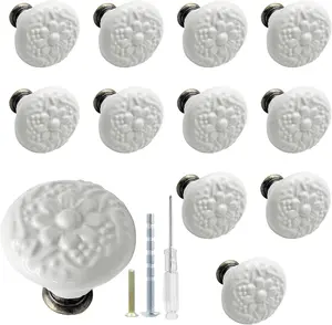Biaungdo 12 Pcs White Ceramic Kitchen Cabinet Knobs and Pulls, Retro Vintage round Drawer Knobs, Decorative Closet Door Handles