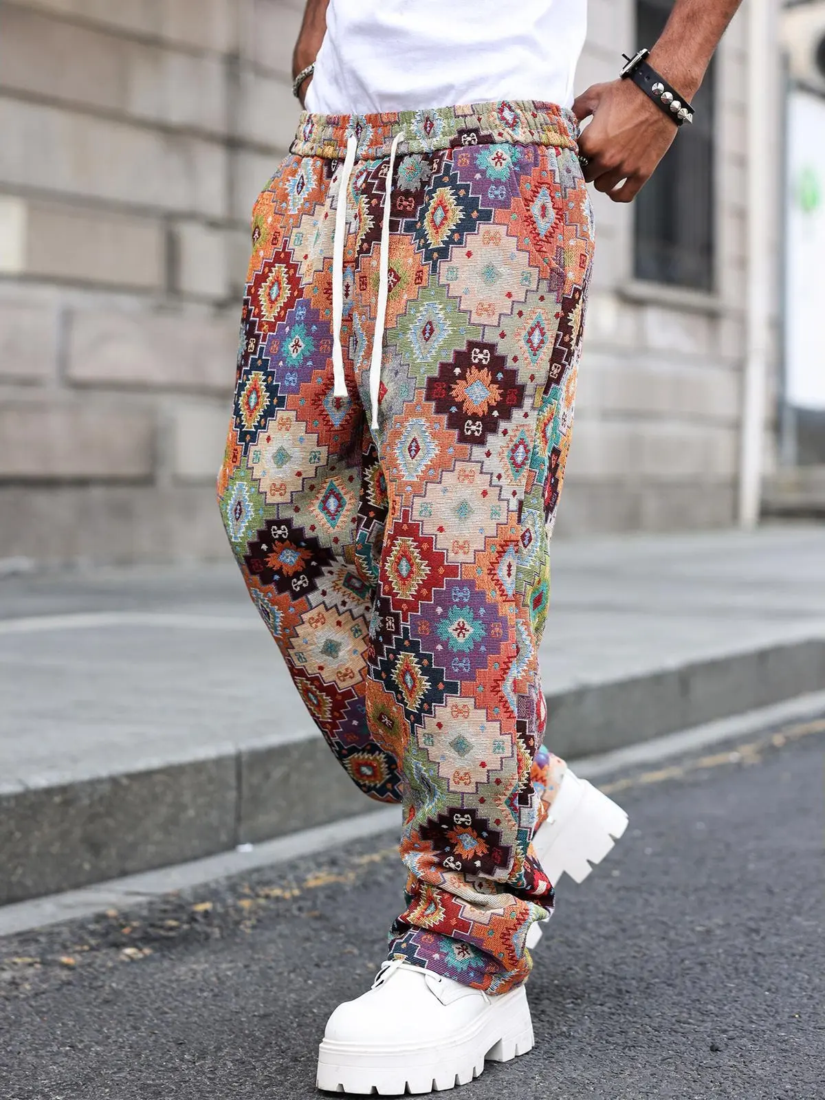 Men's Vintage Ethnic Print Boho Full-Length Sweatpants - Drawstring Waist, Relaxed Fit, Athletic Street Menswear, Machine Washable