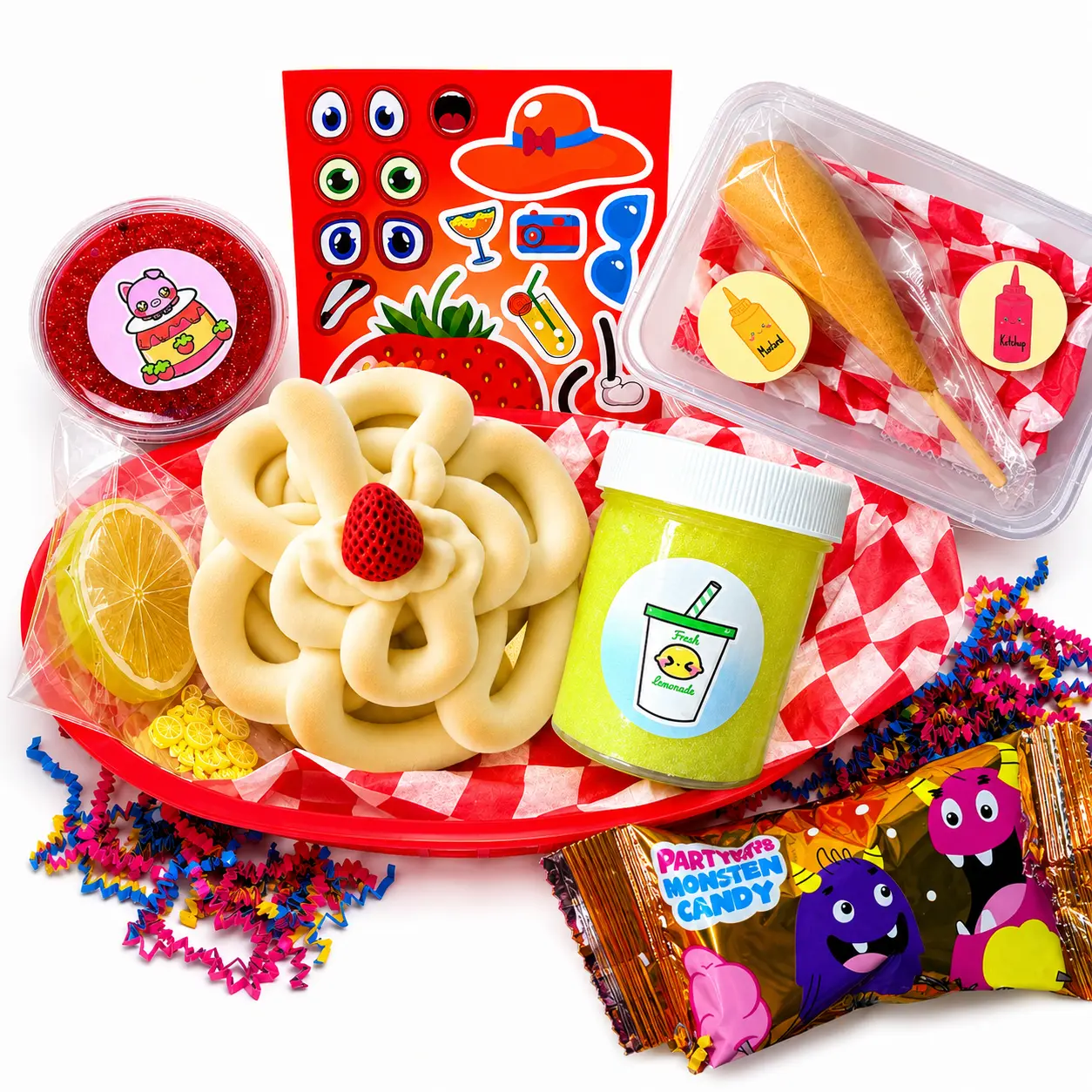 State Fair Slime Kit – DIY Fair Food Slime Set with Lemonade, Funnel Cake, Corn Dog & Diner Basket Kawaii Squishies Sensory Bundle