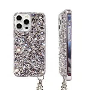 （Case & Nova.） Luxury 3D Bling Rhinestone Diamond Phone Case, Compatible with iPhone 17 Pro Max, 16, 15, 14, 13, 12, Sparkly Shockproof Protective Cover with Wrist Strap Option Rustic Silicone designer