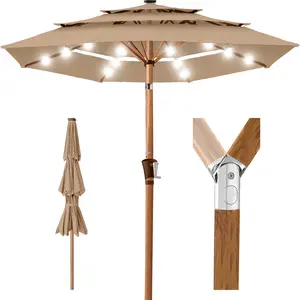 Best Choice Products Woodgrain Pattern 10ft 3-Tier Solar Patio Umbrella w/ 24 LED Lights, Tilt