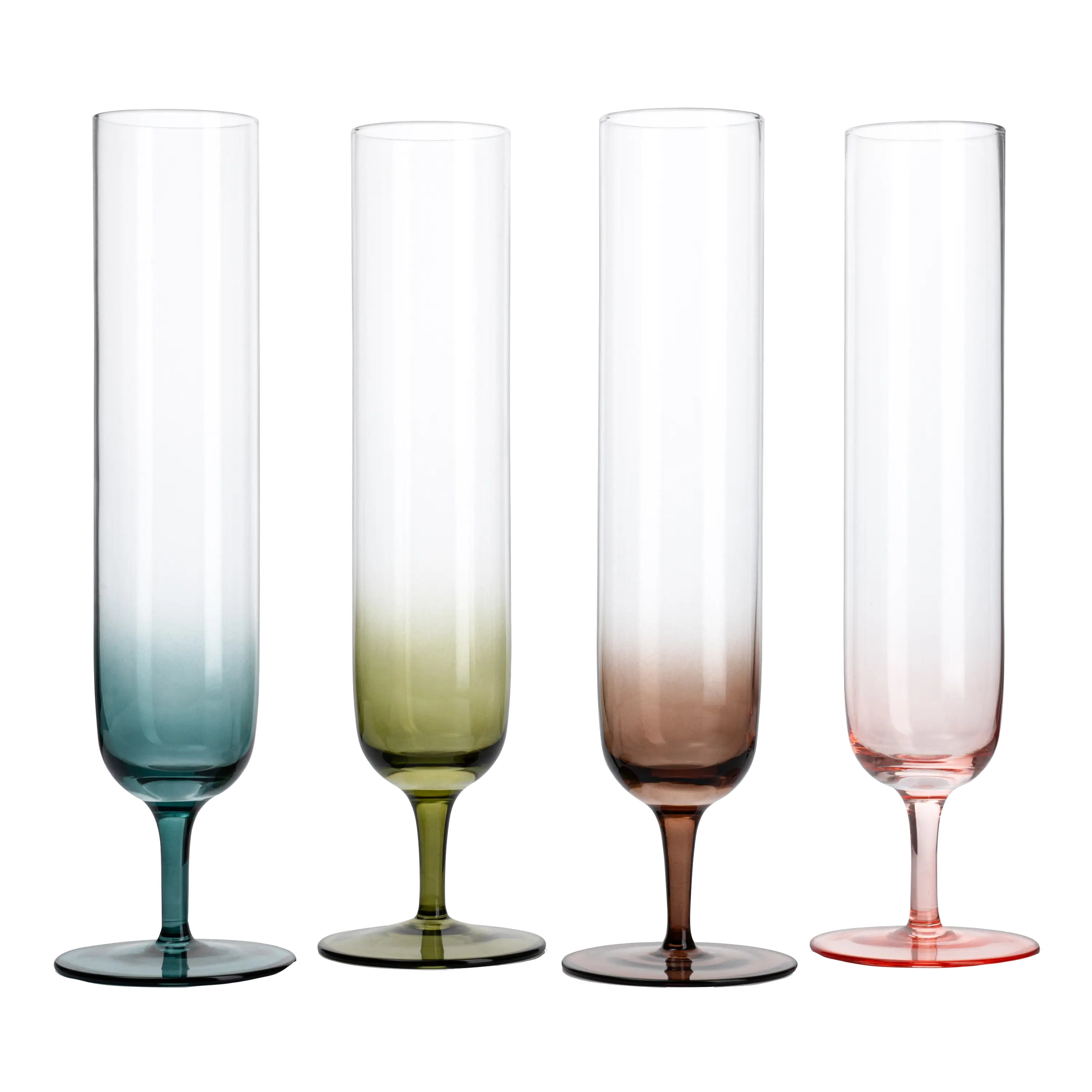 Multicolored Beautiful Champagne Flutes 10" Stemmed - 4 Set- Blue, Green, Brown, Pink - 10.5 OZ Elegant Glass Colored Glasses, Mimosa , Cocktail Bar Glassware Ideal for Home, Weddings - Gift