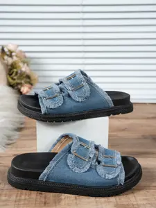 Women’s Denim Double Buckle Slide Sandals, Frayed Edge Casual Flats, Open Toe Slip On Summer Travel Beach Shoes
