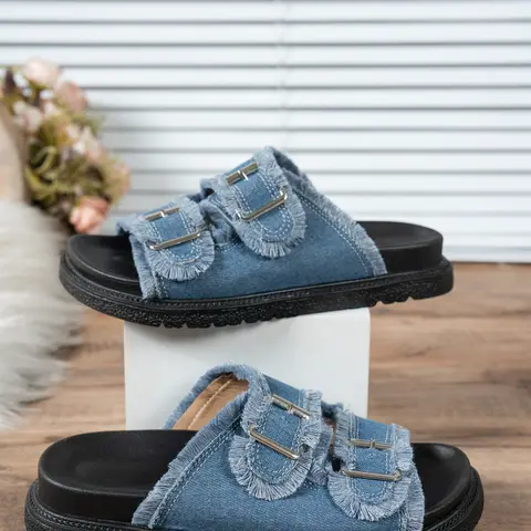 Women’s Double Buckle Slide Sandals, Frayed Edge Casual Flats, Open Toe Slip On Summer Travel Beach Shoes