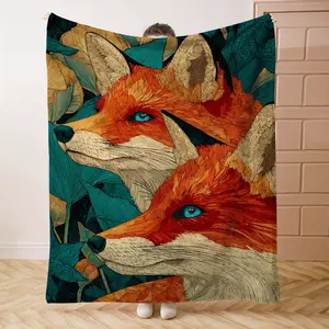 1PC Two FoxesPrint Flannel Blanket Beautiful and Comfortable Warm Nap Blanket for Sofa, Bed, Office, Car, Camping Travel Blanket, Home Decoration - Four Seasons Gift