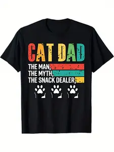 Men's Fun Cat Dad T-Shirt- for Man Mythical Snack Vendor Pattern T-Shirt- Black T-Shirt with Red and Yellow Text- Soft Casual Wear Suitable for Cat Lovers- Perfect Gift for Dad Pet Owner- Suitable for All Seasons, PLUS SIZE