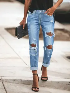 Women's Washed Denim Jeans Casual Fashion Ripped Slim Fit Straight Leg Pants Elastic Fabric All Seasons Versatile Date