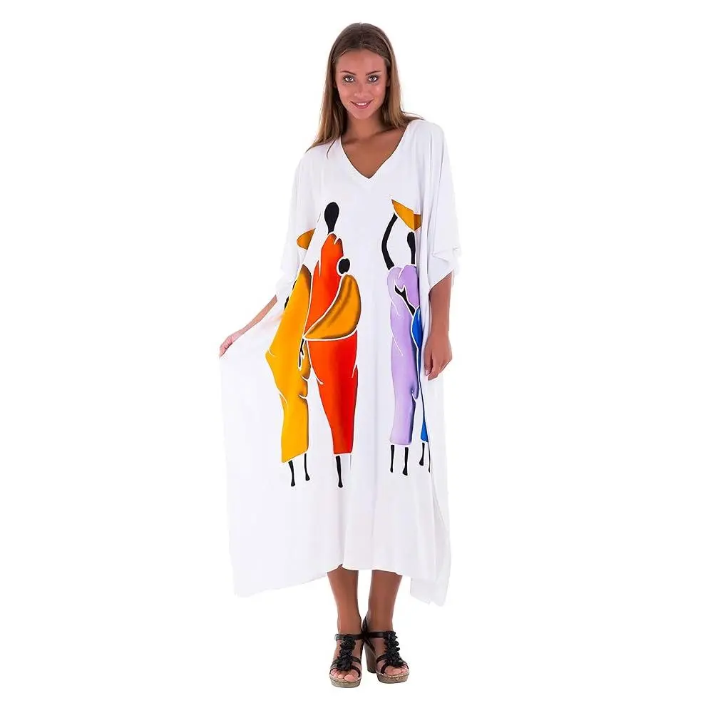 Shu-Shi Tribal Design Women's Long White Caftan Kimono Dress Swimwear Cover-Up Kaftan