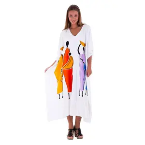 Shu-Shi Tribal Design Women's Long White Caftan Kimono Dress Swimwear Cover-Up Kaftan