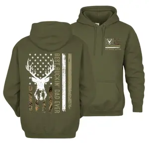 Best Buckin Dad Ever Camo Hunting Hoodie | Whitetail Deer With Camouflage American Flag Dad Graphic | Trendy Graphic Gift Style With Funny Hunting Dad Outdoor Lifestyle Aesthetic | Unisex Long Sleeve Pullover Shirt