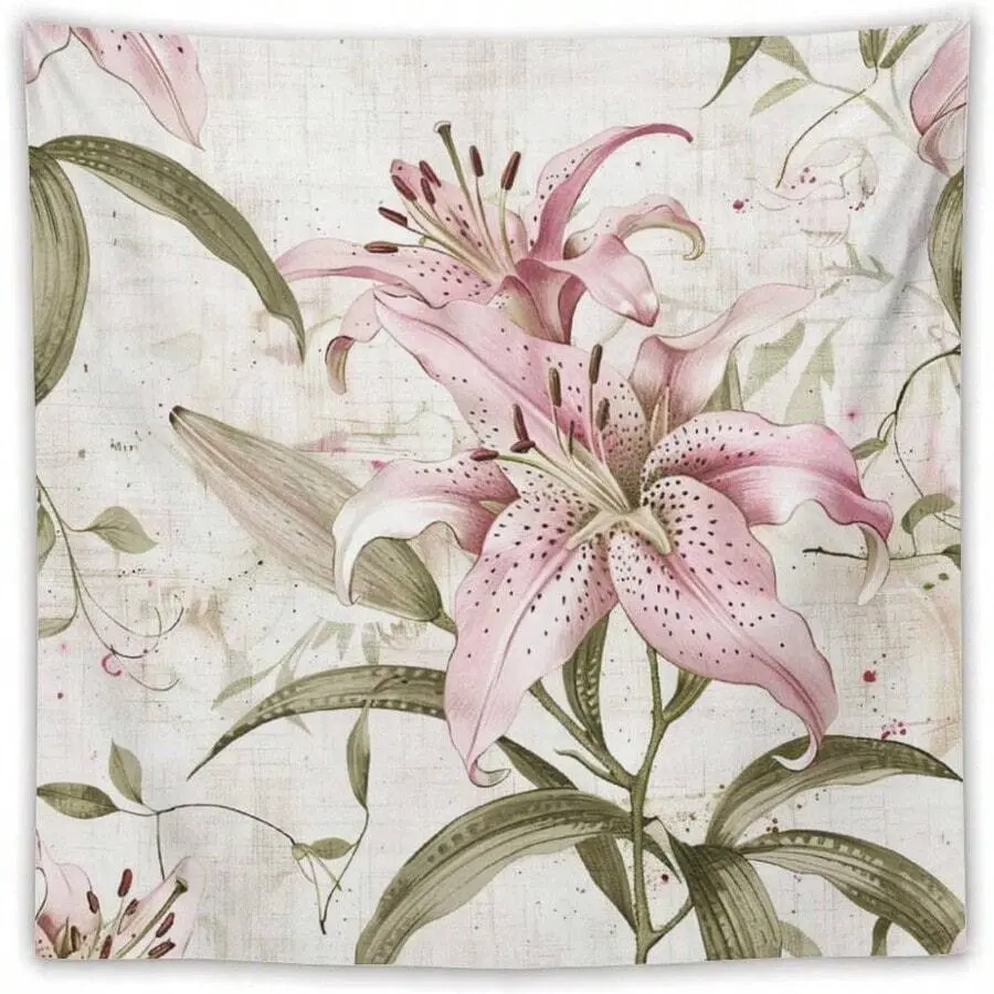 Pink Lily Flower Tapestry As Wall Art Tropical Blossom Leaves Tapestry Aesthetic Landscape Tapestry Wall Hanging For Bedroom Bedroom And Living Room Decor, Special Gifts For Family And Friends, Creating A Wonderful Atmosphere.