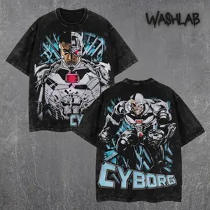 Vintage Cyborg Comic Book Graphic Tee Double Sided Print Retro Superhero Bootleg Rap Tee Acid Washed Oversized Short Sleeve Shirt For Men Women Unisex Y2K Streetwear Nerd Fan Apparel Cybernetic Action Hero Casual Black Cotton Top Clothing