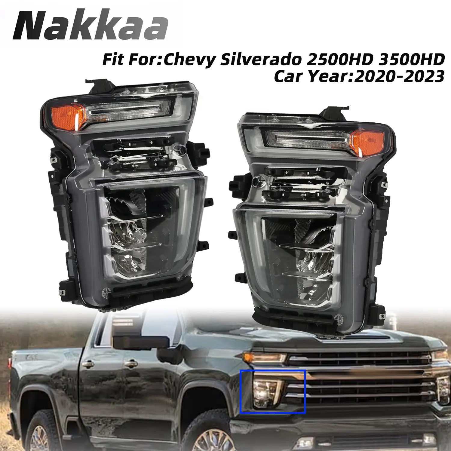 Nakkaa Headlight Assembly Pair - 2020-2023 Chevy Silverado 2500HD 3500HD Headlamp Set, ABS/PP/PC Black Housing SMD LED, Built-in Low & High Beam, Direct Install