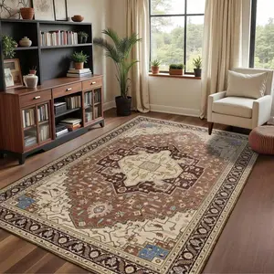 Machine Washable Vintage Rug, Rich Coffee Brown Faux Wool Carpet, Non-Slip for Cozy Living Room & Bedroom-S