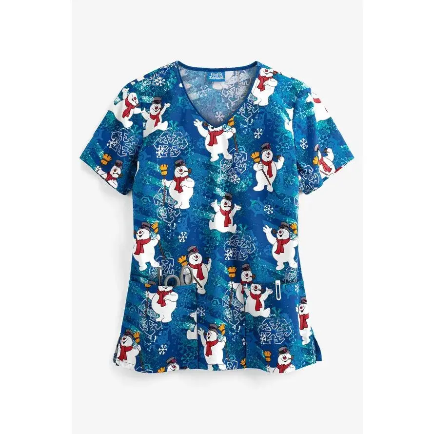 Women's Cherokee Tooniforms Frosty the Snow Man Frosty Print V-Neck Cotton Spandex Workwear Scrub Top - 3 Pockets, Contemporary Fit, Discontinued Uniform, Snowflake, Bust Darted, 95/5 Poly/Spandex