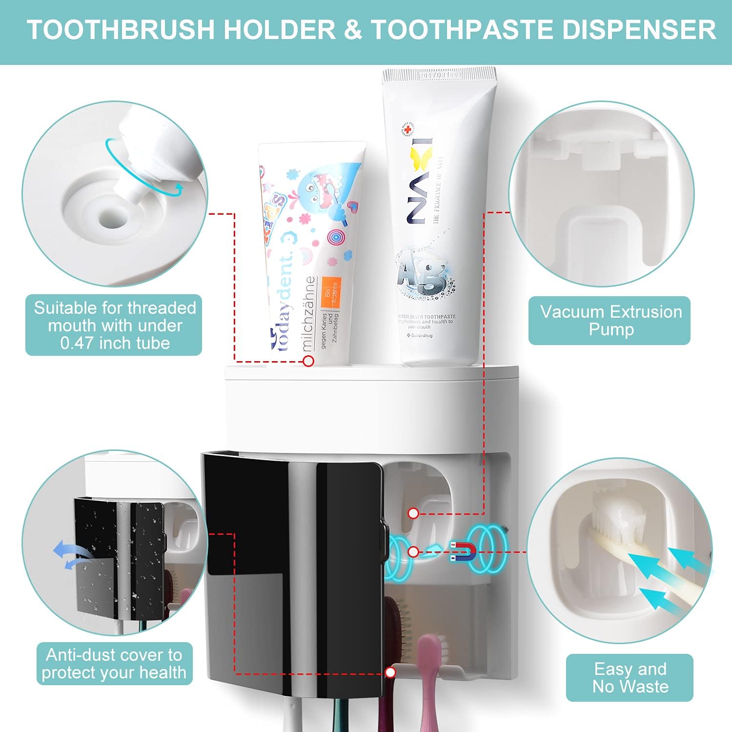 Wall Mounted Toothbrush Holder with Toothpaste Dispenser 4 Slots Automatic Squeezer Kids Bathroom Storage Organizer