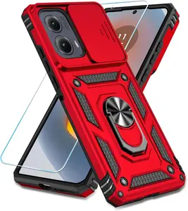 Moto Edge 2024 Case with Protector & Slide Camera Cover & Rotated Ring Kickstand, [Military-Grade] Phone Case for Moto Edge 2024 (Red)