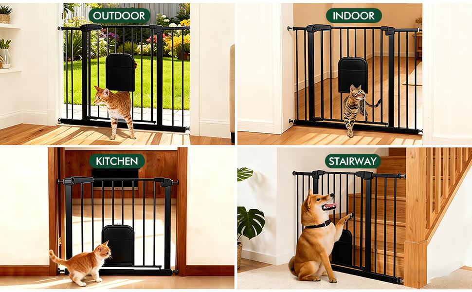 Adjustable Pet Gate with Cat Door, Auto-Close Pressure-Mounted Safety Gate for Doorways & Stairs – Ideal for Multi-Pet Homes (29–45 Inches, White/black)