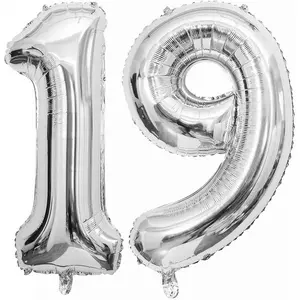 Silver 19 Number Balloons, 40 Inch Giant Number 19 Balloons Foil Mylar Helium Silver Number Balloons for 19th Birthday Party Supplies Anniversary Event Celebration Decorations