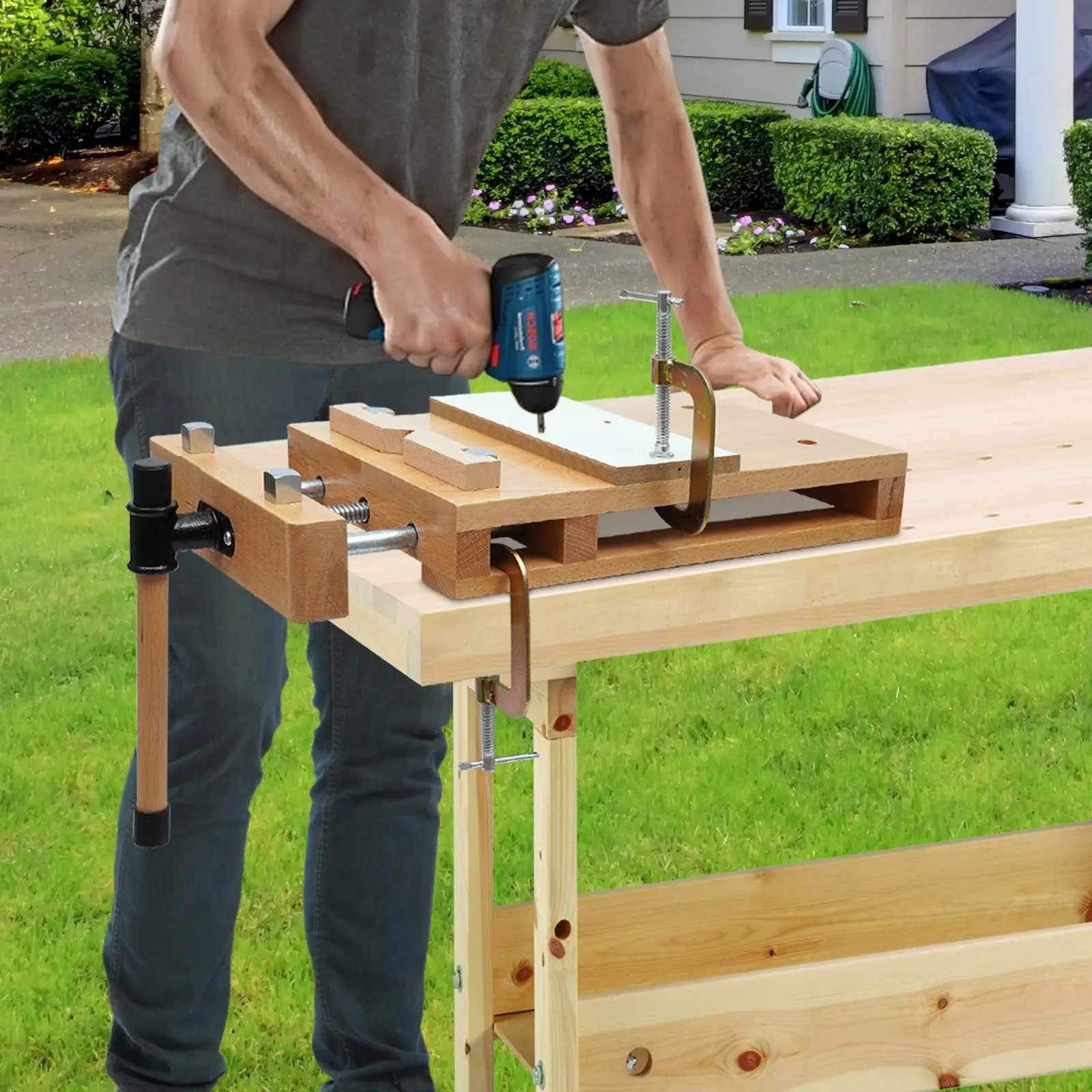 Portable Solid Beech Woodworking Workbench - 1 Vise Table with 2 G-Type Shape Clips + Blocks, 1 Small Wood Plate, Desktop Station for Home, Ideal Teaching Gift for Father-Son