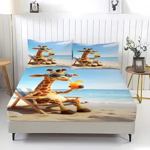 3-Piece Giraffe Pattern Fitted Sheet Set, Soft And Durable Bedding Set, Including 1 Flat Sheet And 2 Pillowcases, Suitable For Children And Adults As Daily, Festival, And Birthday Gifts, As Well As Bedroom Decorations