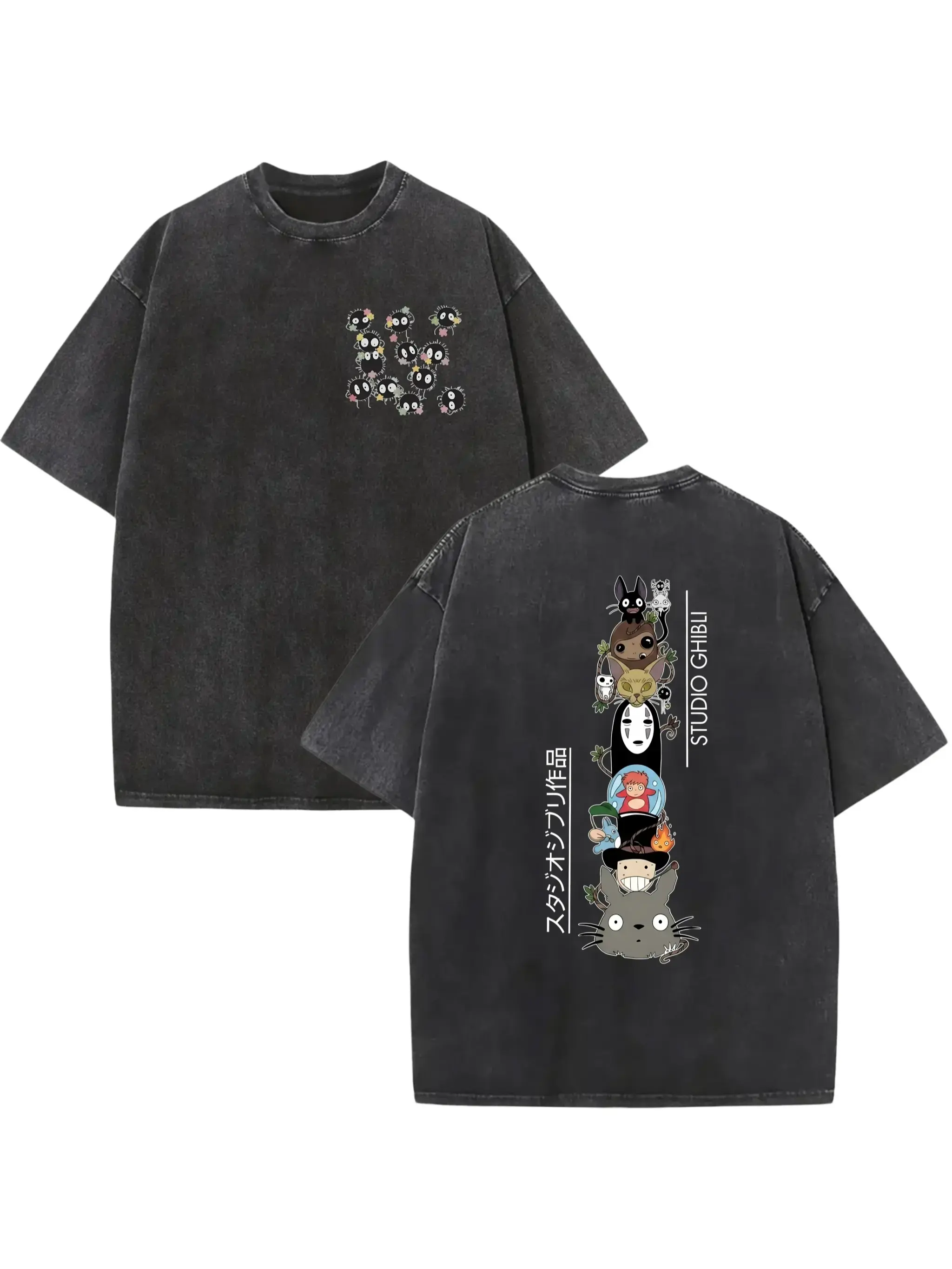 Vintage Washed Studio Ghibli Anime Graphic T-Shirt - Y2K Streetwear Oversized Tee for Totoro, Spirited Away & Howl's Moving Castle Fans - Perfect Gift for Anime Lovers,casual short-sleeve graphic t-shirt,  humorous tshirt men,  christmas gift top