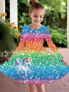 Spring & Fall Sports Gift, Girls' Comfortable Dress with Unicorn Pattern, 3D Printed Long Sleeve Dress, Perfect for Kids, Spring Dresses