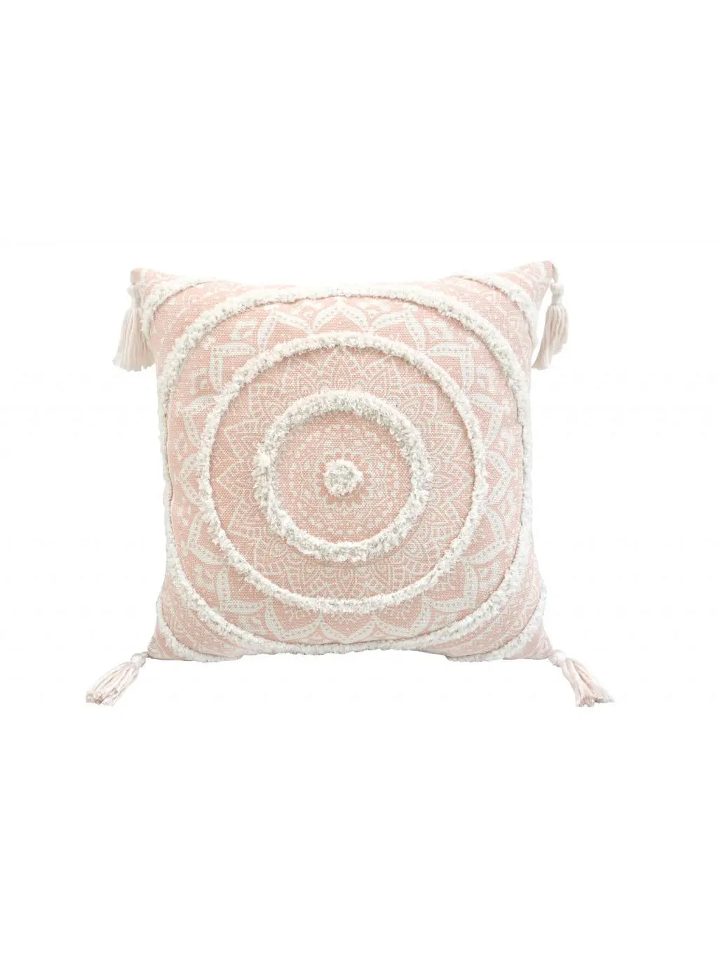 HomeRoots Square Cushion - 4x18x18 in. Peach & White Geometric Tasseled Polyester-Cotton Blend Throw Pillow, Zipper Closure Soft Cushion, Zipper Cushion