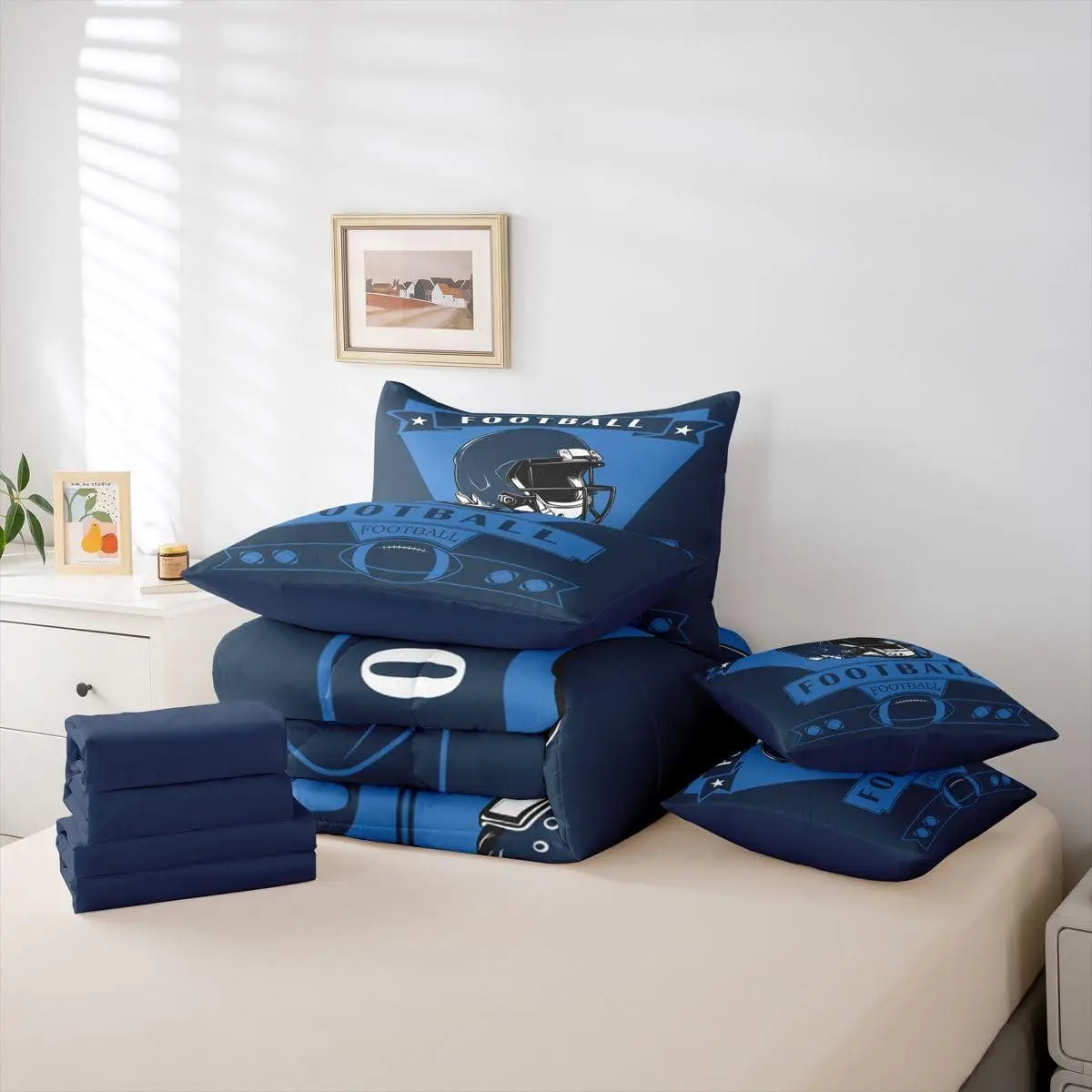 American Football City Tennessee Comforter Set with Sheets,Football 7 Piece Bedding Set,Football Fans Gifts Bed in a Bag,Blue Bed Set