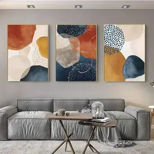 Modern Abstract Art Canvas Painting Set, Blue Blocks Gold Lines Wall Decor, Modern Home Decor, Unframed Living Room Poster, 3-Piece Collection