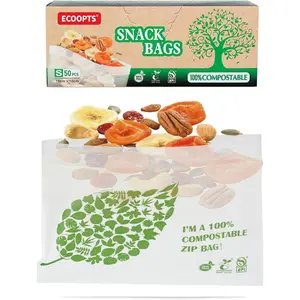 Compostable Snack  Storage Bags Freezer and Leak Proof, 50 count Eco Zip Bags Seal well for Blueberries, and Snack -Based  (50)