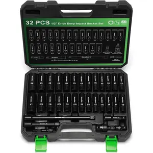 1/2" Drive Deep 12-Point Set, 32-Piece Set, SAE 3/8-1-Inch and Metric 10-24mm Size, Includes Extension Bars, Joint and Adapter, CR-V