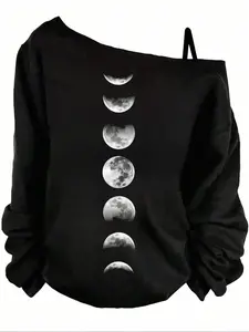 Dark Gothic Shoulder Baggy Sweatshirt, Graphic Sweatshirts, Moon Phase Print Long Sleeve Top, Casual Loose Fit Hoodie for All Seasons, Womenswear