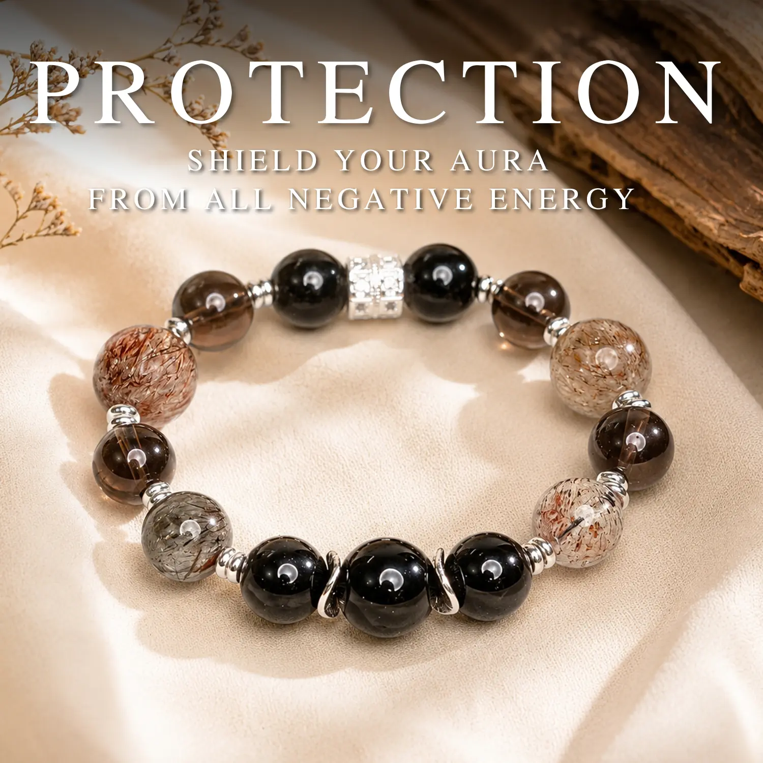 LUMAWU Fashionable Water Energy Bracelet - Silver Sheen Obsidian, Rutilated Quartz Crystal Bracelet for Protection, Wealth, Fashionable Bracelet