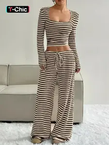 Women's Casual Striped Square Neck Long Sleeve Slim Fit Knit Top & High Waist Pants Set, Womenswear Fall Winter Fashion Outfit Fitted