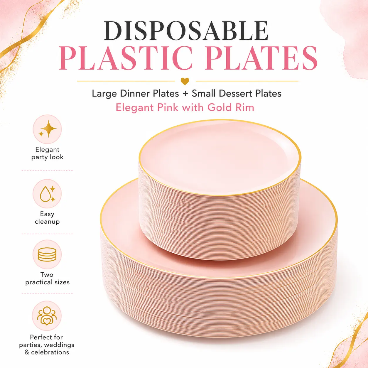 Goodluck 100-Piece Pink Gold Rim Disposable Plastic Plates Set for 50 Guests, 50 Dinner Plates & 50 Dessert Plates, Elegant Party Dinnerware for Weddings, Birthdays & Events