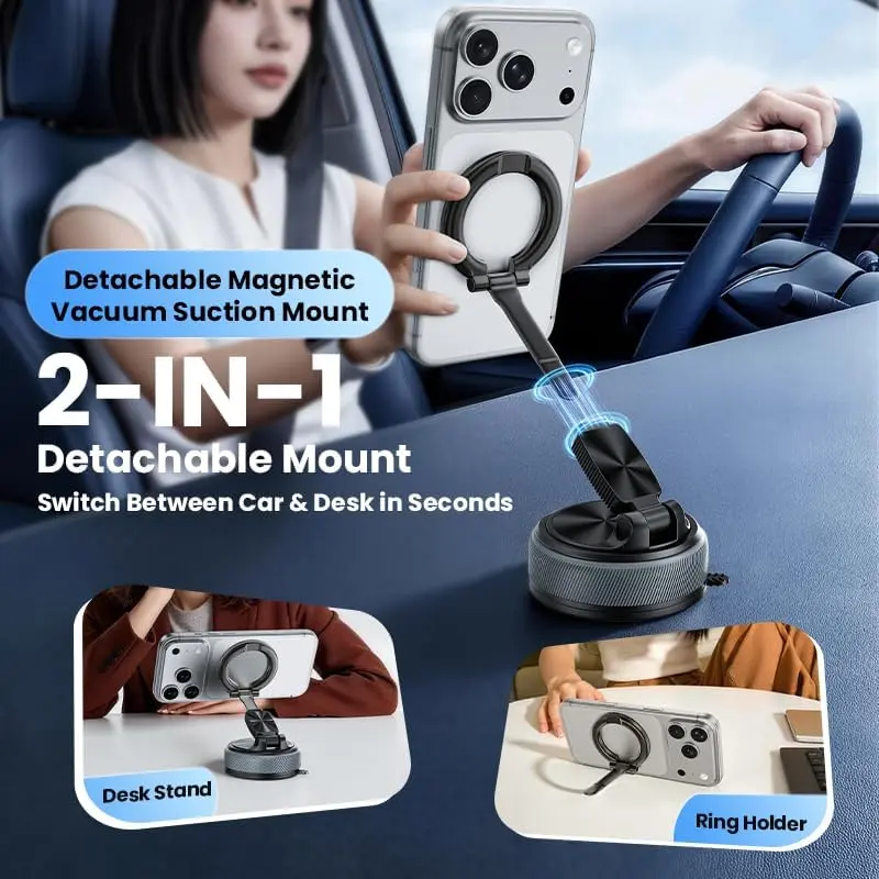 Dashboard Phone Mount for Car, Magnetic Phone Holder with Strong Vacuum Suction Cup, Detachable Portable Stand, N52 Magnets Secure Hold Compatible with iPhone Android Phones