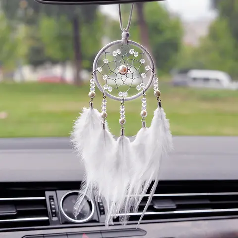 Dream Catcher Car Rear View Mirror Hanging Ornament Good Luck Charm, Handmade Feather & Bead Boho Wall Decor, Lightweight Gift for Car & Home