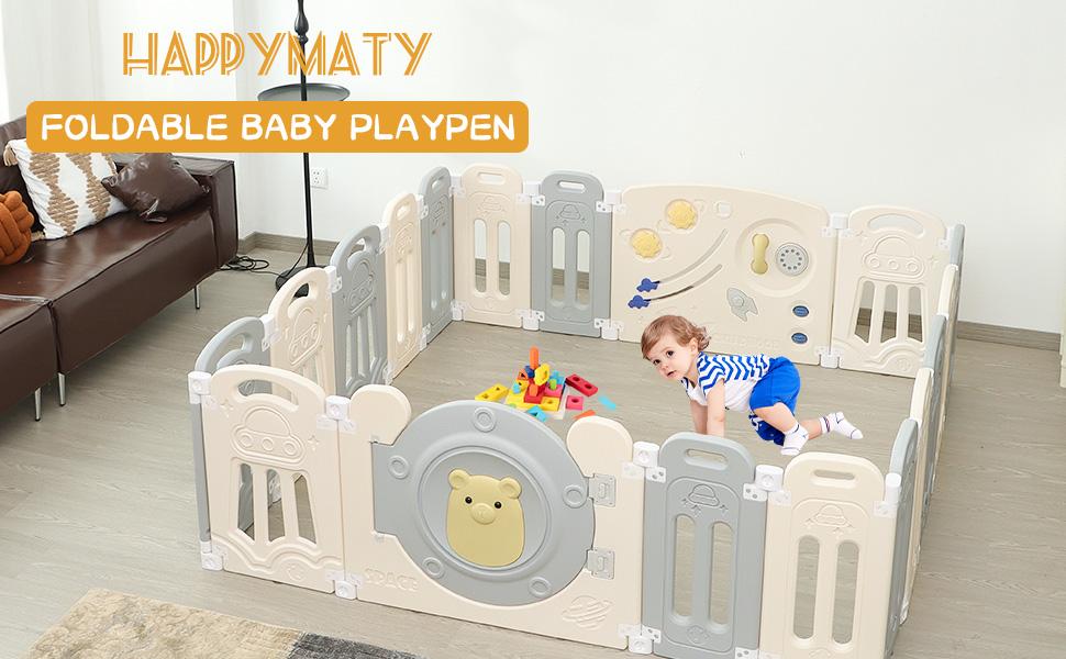 Baby Playpen with Lock Door,Adjustable Game Panel,Foldable Toddlers Play Yard, 18-Panel Safety Kids Fence for Indoor & Outdoor,Baby Gate Activity Centre, Gray White