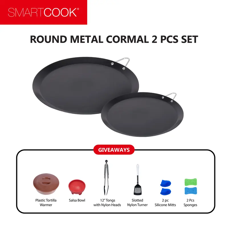 Smart Cook 11” & 13” Non-stick  Round Comal Pan with, Utensils Set and Taco Warmer –Even-Heating Surface with Durable Metal Handle,Lightweight, Comals para Tortillas, Perfect for All Stove-Tops pots and