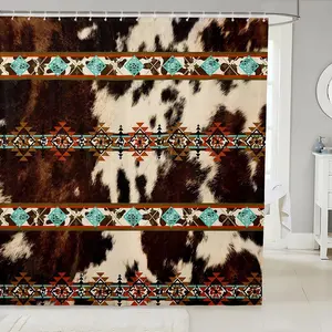 Cowhide Shower Curtain Set, Brown Highland Cow Print Shower Curtain,Western Bath Curtain, Exotic Aztec Farmhouse Wild Animals Bathroom Decor