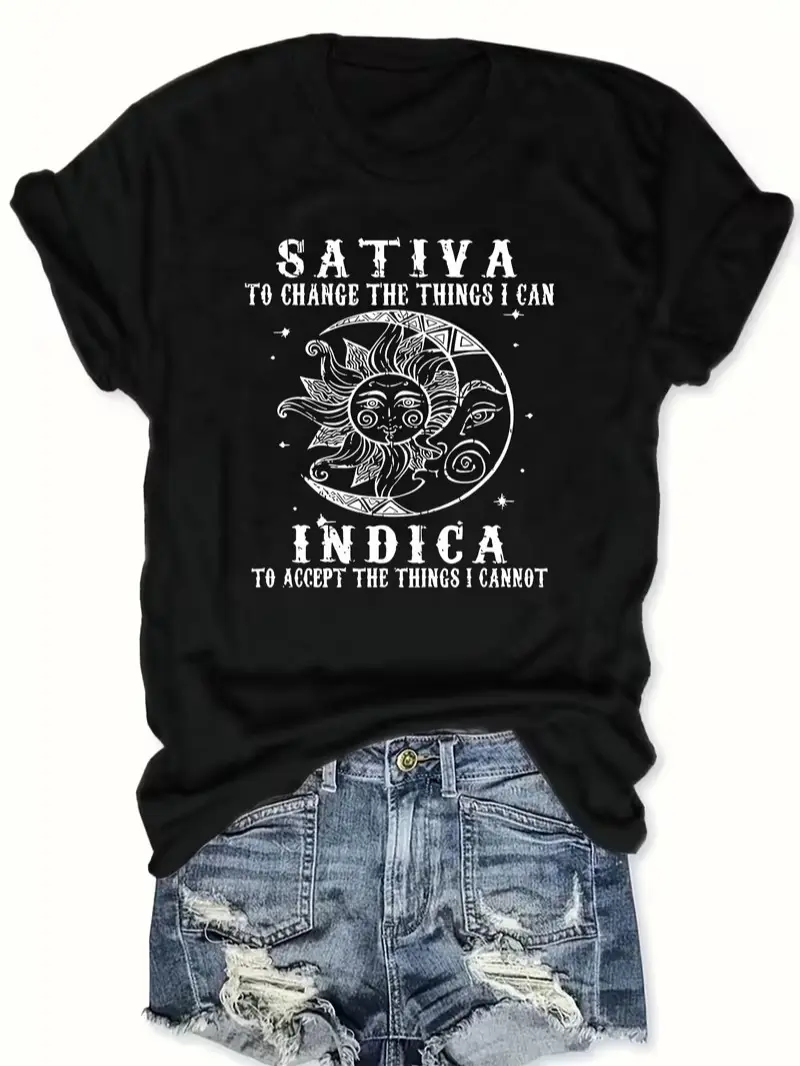 Men's Cotton Round Neck Casual Graphic T-Shirt - Sativa-Indica Serenity Prayer Weed Sun Moon Menswear Top