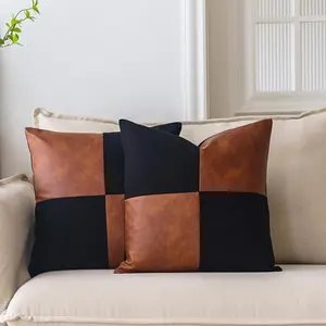 Brown Faux Leather Pure Cotton Canvas Plaid Throw Pillow Covers, Boho Modern Farmhouse Square Decorative Pillowcases, Set of 2 18X18 Inch for Couch Living Room Bedroom Black Cognac