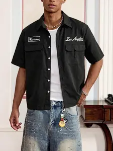 Men's Pocket Short Sleeve Casual Shirt, Casual Button Pocket, Letter Pattern, Loose-Fit, Outdoor, Party, Streetwear, Comfortable, Casual Collared Shirt