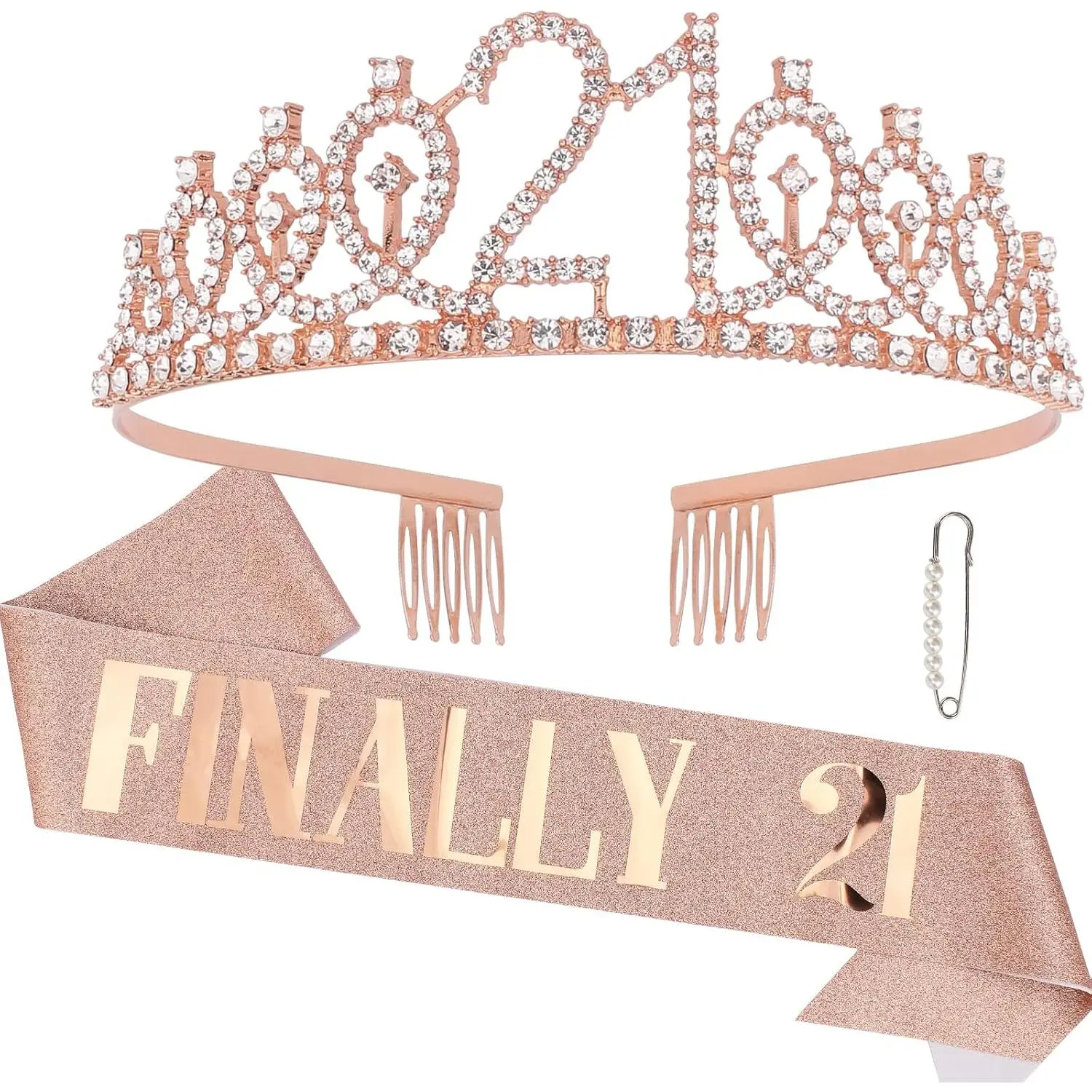 Rose  21st Birthday Sash and Crown Set - Women's Birthday  Tiara and Sash